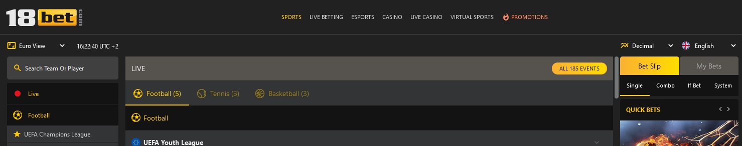 Верхний баннер сайта 18bet